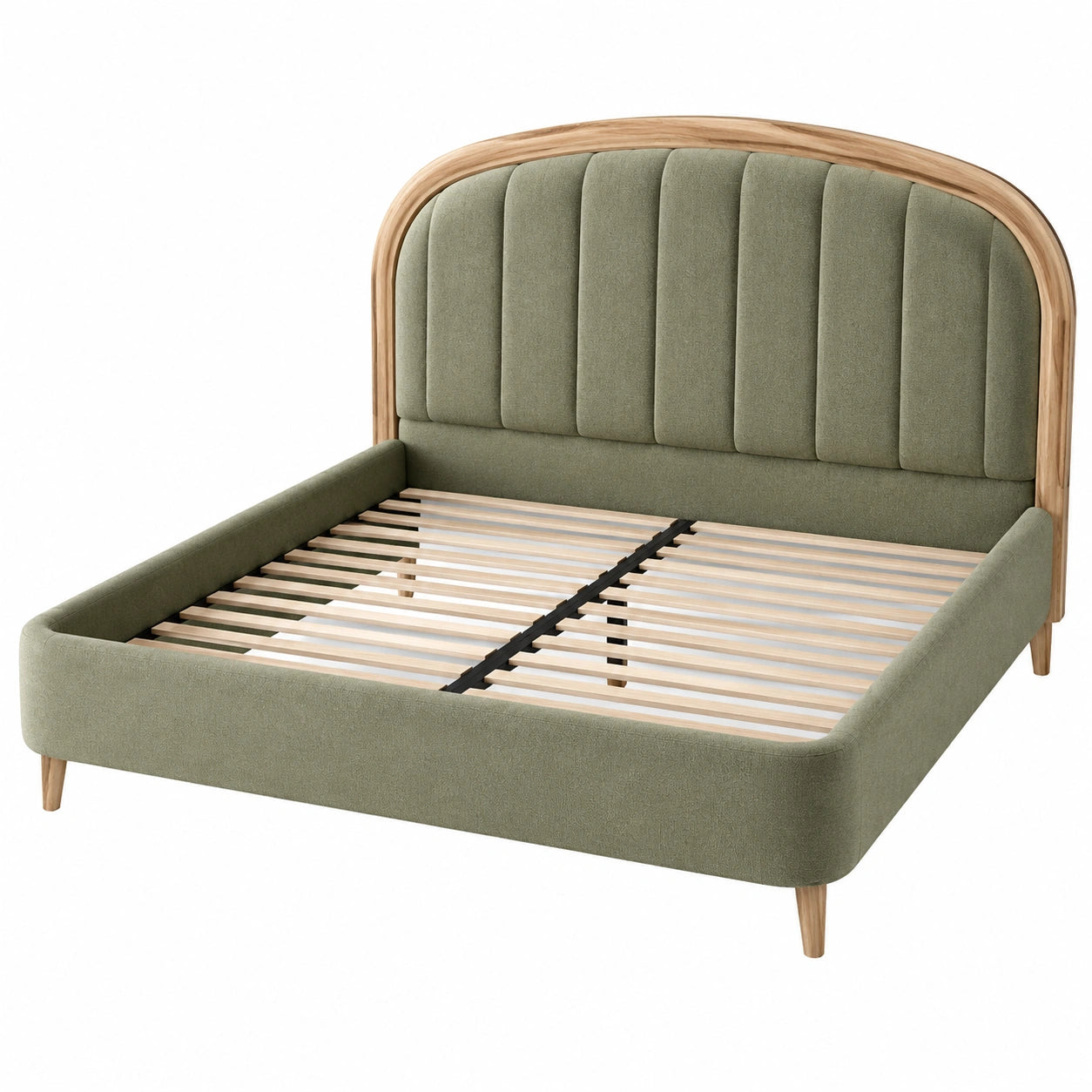 Lit double en tissu vert avec cadre en bois