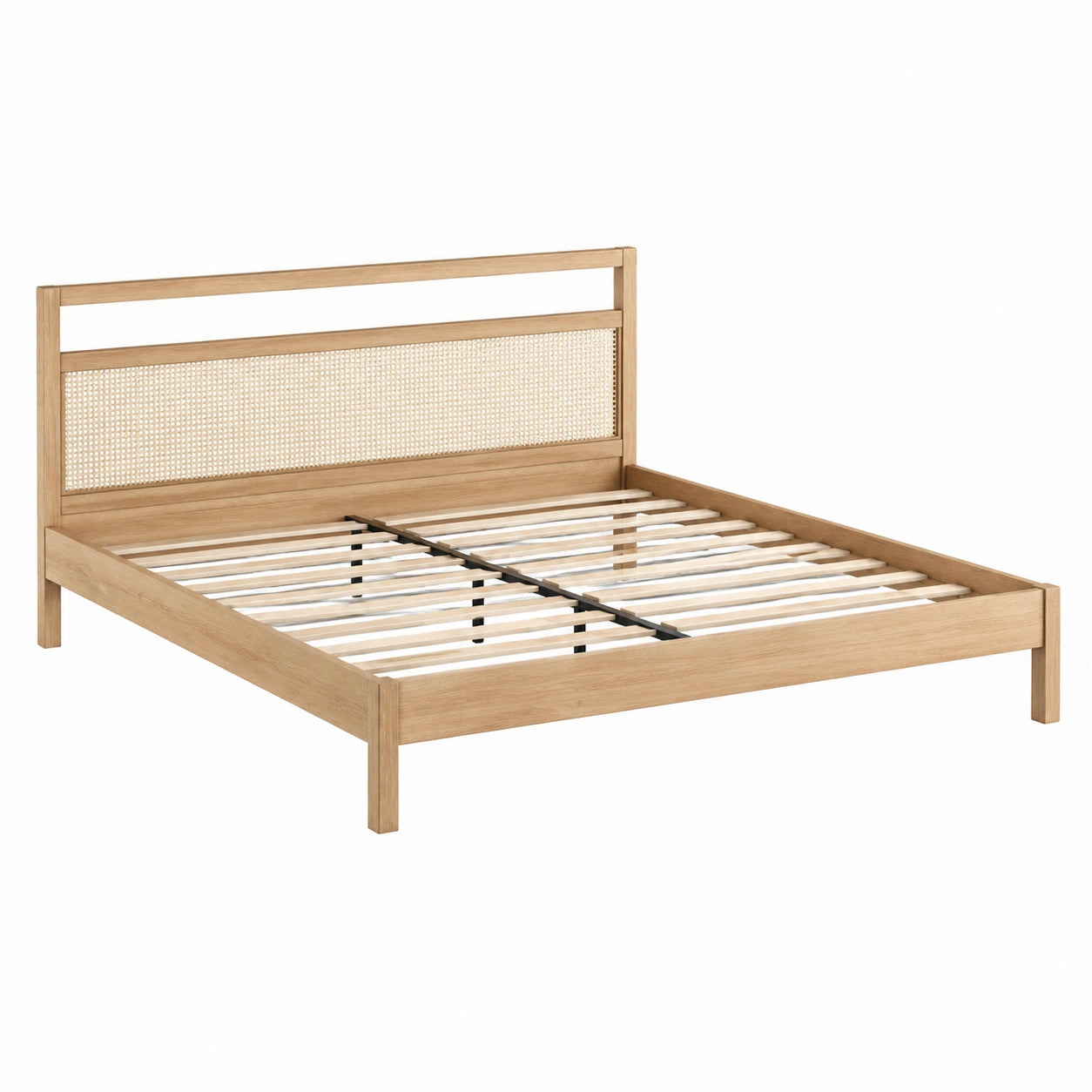 Lit double en bois avec tête de lit en rotin 200x160 cm