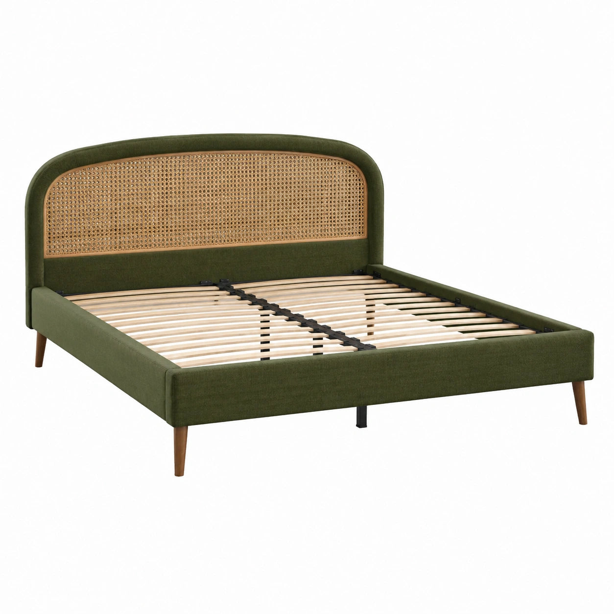 Lit double en bois et rotin avec tissu vert 160x200 cm