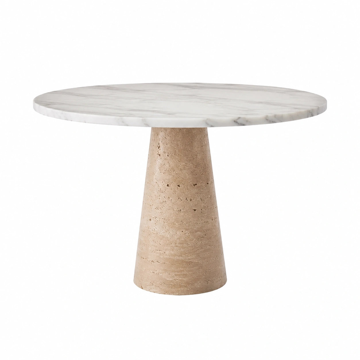 Table ronde en marbre et travertin, diamètre 120 cm, blanc et beige
