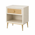 Table de chevet en MDF avec tiroir en rotin et pieds en métal doré 45x35x60 cm beige