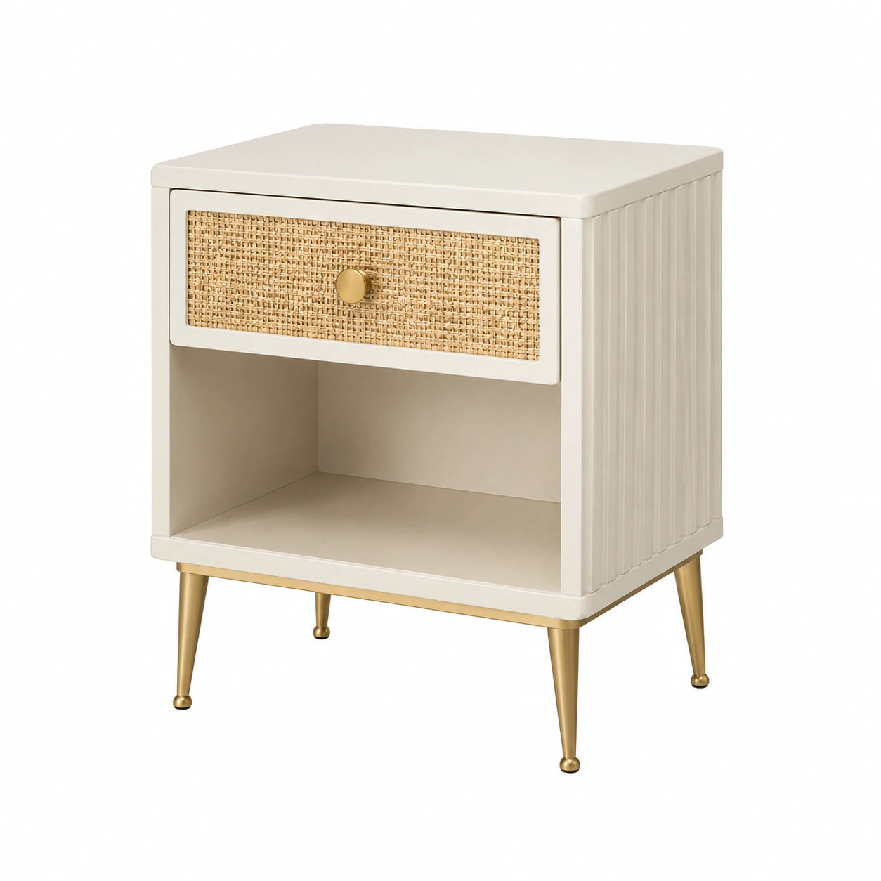 Table de chevet en MDF avec tiroir en rotin et pieds en métal doré 45x35x60 cm beige