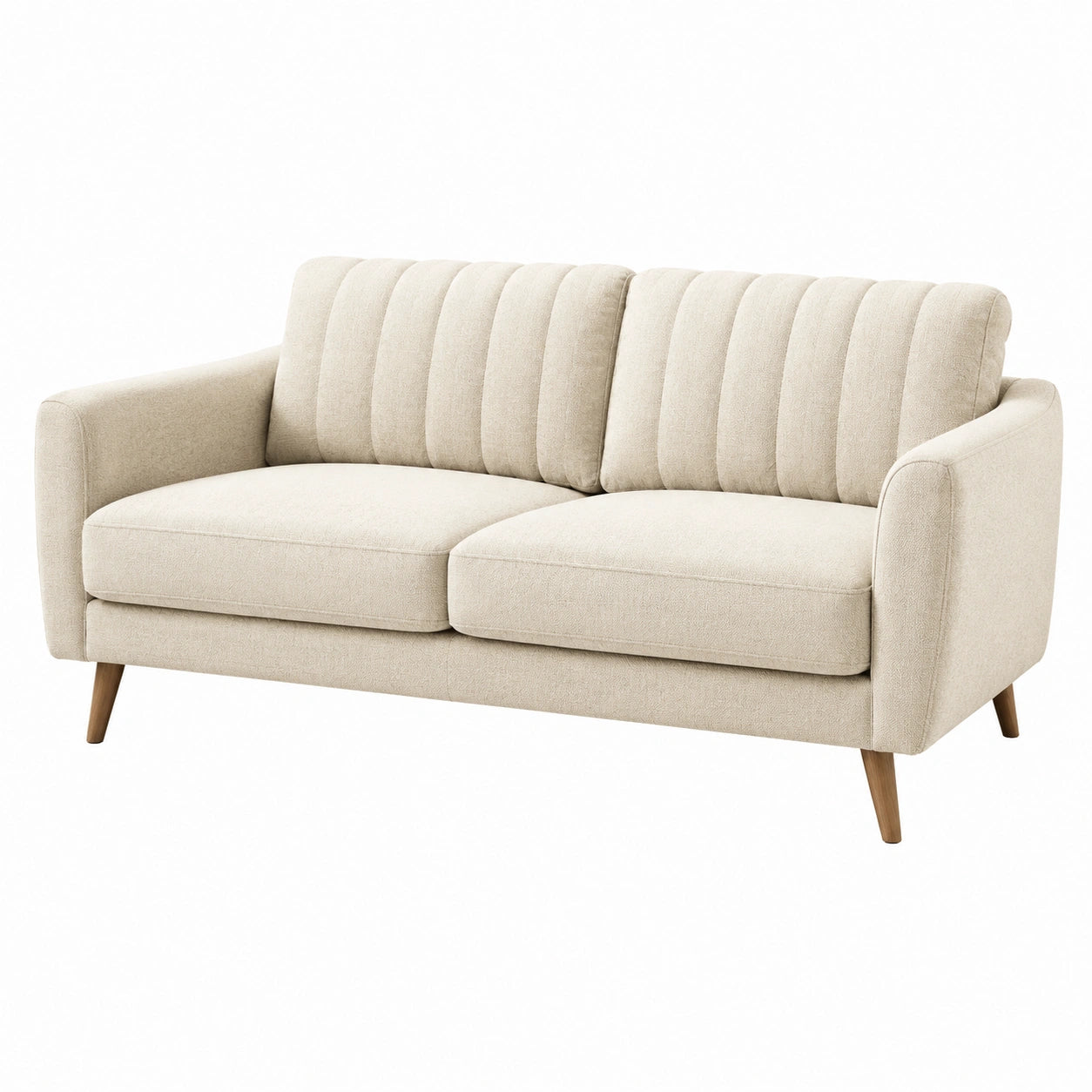 Canapé droit trois places en tissu beige avec pieds en bois