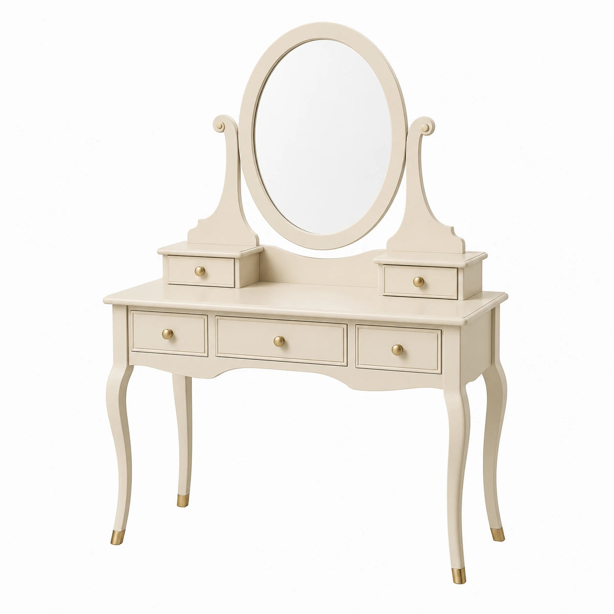 Coiffeuse en bois avec miroir ovale et tiroirs crèmes