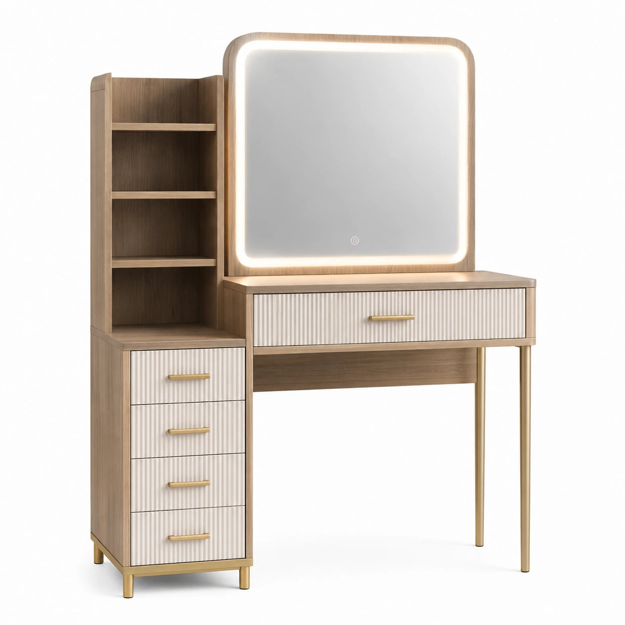 Coiffeuse en bois avec miroir LED et rangements, chêne clair