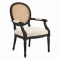 Fauteuil en bois noir avec dossier en rotin et assise en tissu beige