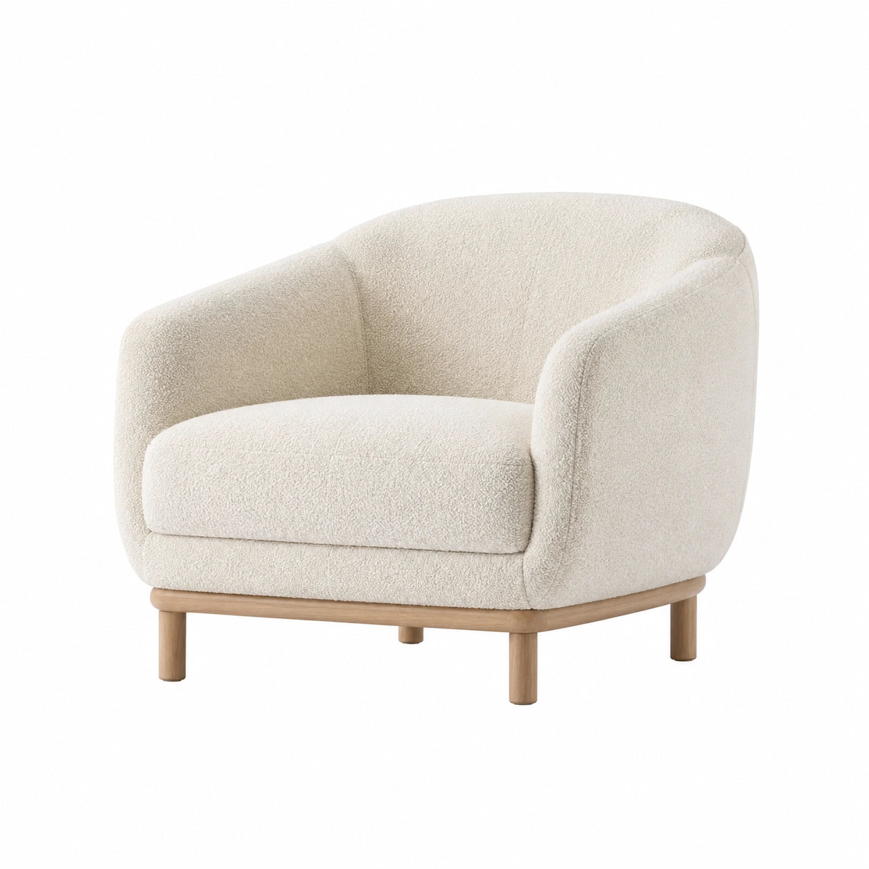 Fauteuil tissu bouclette blanc pieds bois