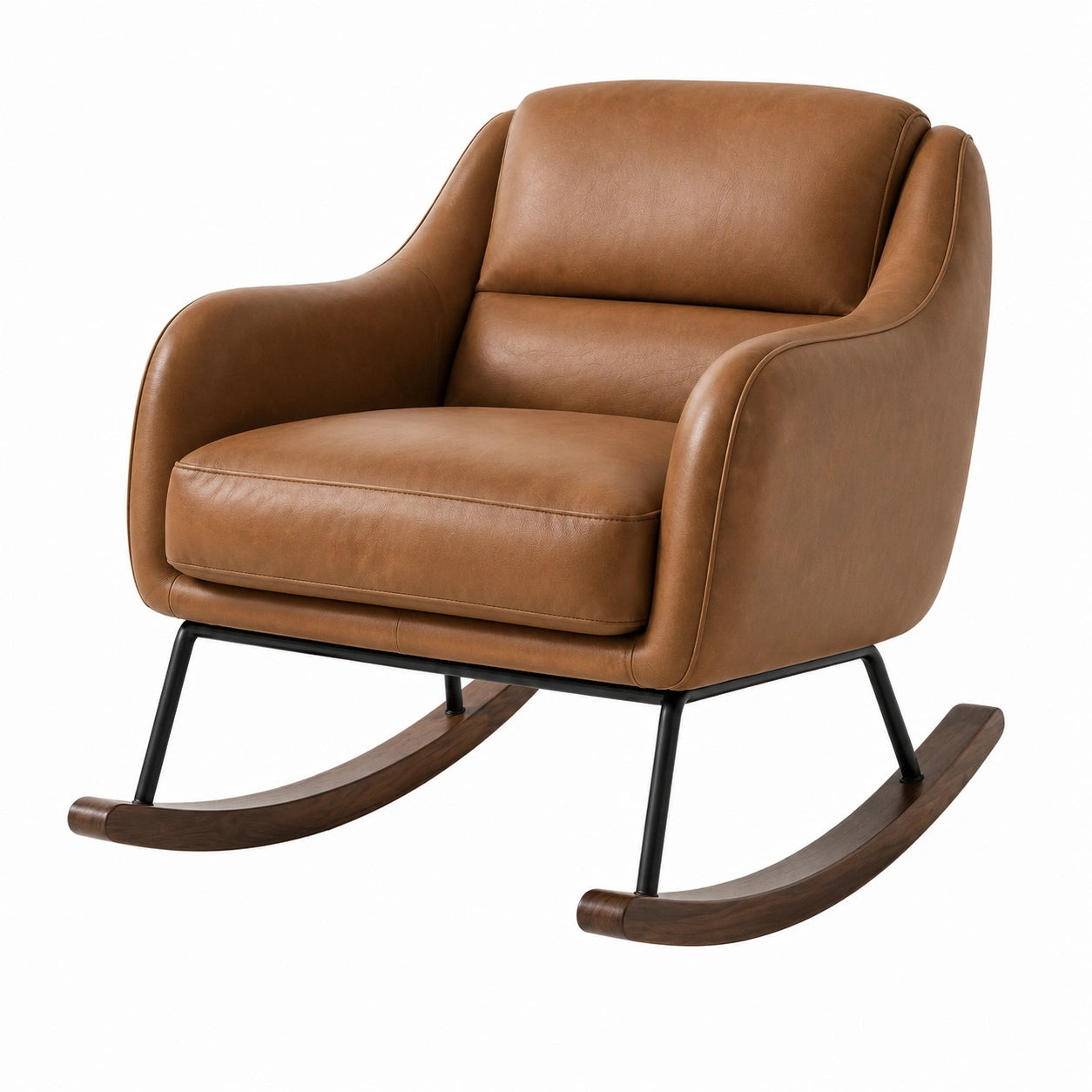Fauteuil à bascule en cuir marron avec structure en acier