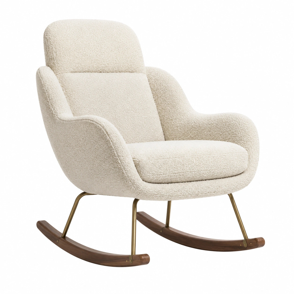 Fauteuil à bascule en bois et métal avec tissu bouclette crème